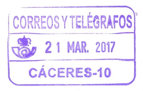 Matasellos extraño. Correos y Telégrafos. Cáceres-10. 2017-03-21. Tipo 1. Baja.jpg