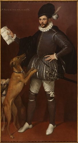 &quot;Retrato de caballero con carta y dos perros&quot; (sobre 1580), de Bartolomeo Passerotti. Óleo sobre tela,  197.5 x 114.9 cm