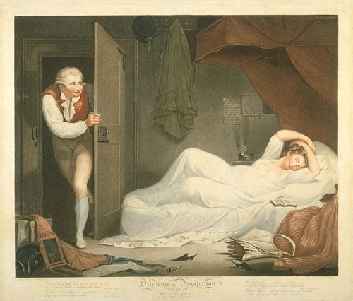 &quot;Desmayada en su dormitorio&quot; (1796), versión coloreada, por Gaugain y Hellyer, a partir de una obra de James Northcote. Grabado punteado, 46 x 54 cm