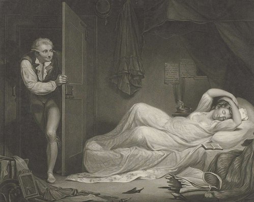 &quot;Desmayada en su dormitorio&quot; (1796), por Gaugain y Hellyer, a partir de una obra de James Northcote. Grabado punteado, 46 x 54 cm