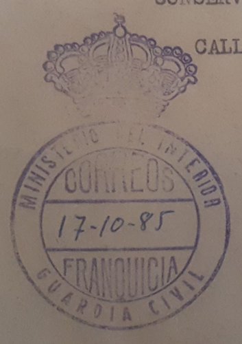 Franquicia postal. Guadalajara. Ministerio del Interior. Guardia Civil. Cantalojas-Somolinos. Guadalajara. 1985-10-17. Marca. Baja.jpg