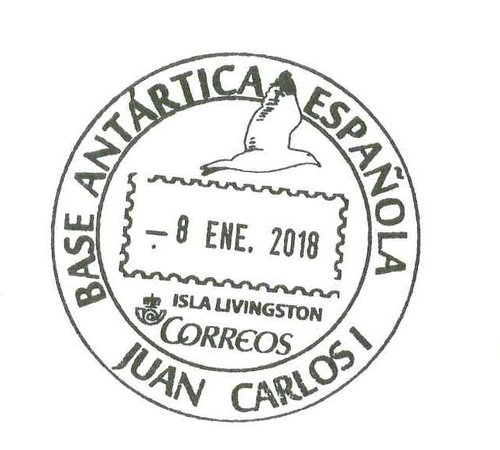 Matasellos turístico. Base Antártica Española Juan Carlos I. 2018-01-08. Real.jpg