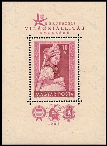 Emisión especial en hojita de uno de los sellos de la serie de Arte Popular de 1953, con ocasión de la Expo de Bruselas de 1958. Diseño de Zoltán Nagy y grabado de József Vertel