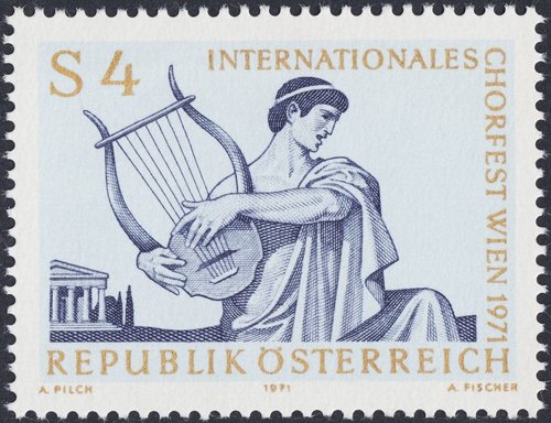 Austria, 1971, Festival Internacional de Coro de Viena. Sello diseñado por Adalbert Pilch y grabado por Alfred Fischer. Calcografía y huecograbado