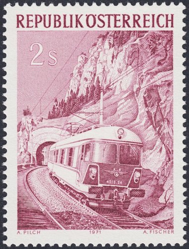 Austria, 1971, Servicio de tren rápido entre ciudades. Vagón eléctrico. Diseño de Adalbert Pilch y grabado de Alfred Fischer. Calcografía