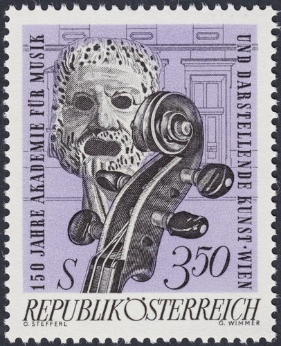 Austria, 1967, 150 aniversario de la Academia de Música y Artes Escénicas de Viena. Diseño de Otto Stefferl y grabado de Georg Wimmer. Calcografía y litografía