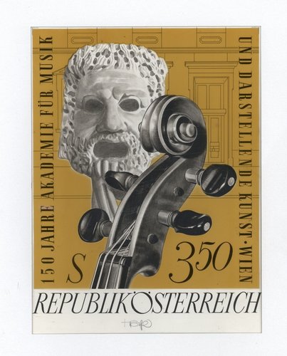 Diseño de Otto Stefferl, al que finalmente se varió el color de fondo, para rendir tributo a la Academia de Música y Artes Escénicas de Viena, año 1967. Pintura acrílica, tinta y  lápiz sobre cartulina, 29.2 x 22 cm