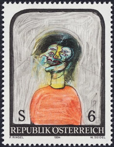 Austria, 1994, Arte moderno, “Cabeza”, de Franz Ringel. Diseño y grabado de Wolfgang Seidel. Huecograbado y calcografía