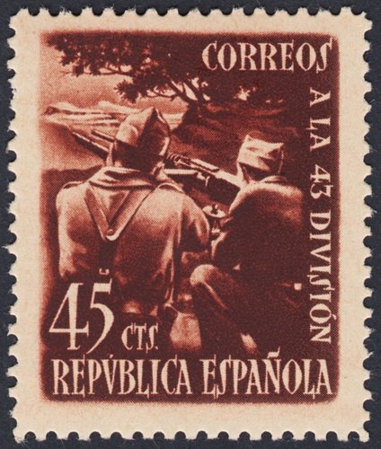 República Española, 1938. Sello de 45 céntimos finalmente emitido (edifil 788). Homenaje a la 43 División. Huecograbado