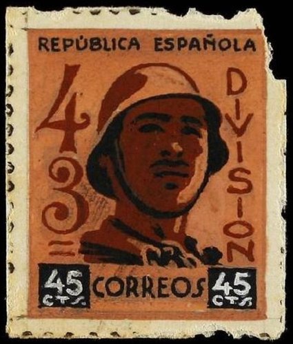 República Española, 1938. Proyecto original descartado para el sello de 45 céntimos (edifil 788) en homenaje a la 43 División. Realizado en acuarela y tinta china