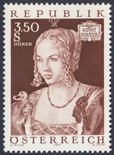Austria, 1971, Tesoros de arte en Austria. Joven mujer veneciana, de Albrecht Dürer. Diseño de Adalbert Pilch y grabado de Rudolf Toth. Calcografía