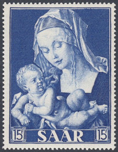 Saar, 1954, Centenario del dogma de la Inmaculada Concepción (1854-1954). “Virgen María con niño”, de Albrecht Dürer. Sello diseñado y grabado por Charles Mazelin. Calcografía
