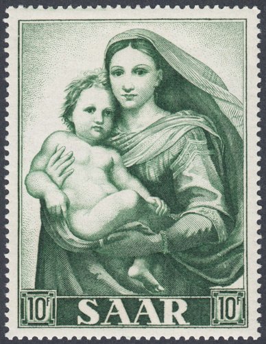 Saar, 1954, Centenario del dogma de la Inmaculada Concepción (1854-1954). “La Madonna Sixtina”, de Rafael Sanzio. Sello diseñado y grabado por Pierre Munier. Calcografía