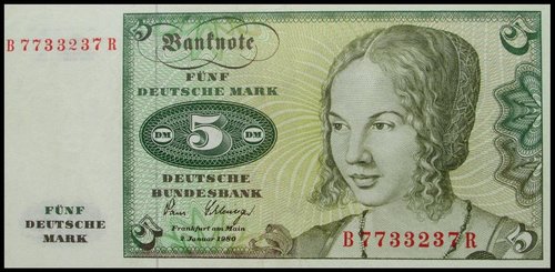 Billete de 5 marcos perteneciente a la 3ª Serie de la República Federal (1960), encargado por el Deutsche Bundesbank al Instituto Giesecke &amp; Devrient. López Pavía grabó el retrato de la joven veneciana de Dürer