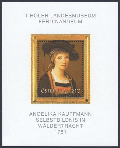 Hojita emitida por Austria en 2007. Angelika Kauffmann, Autorretrato de 1781. Diseño y grabado de Wolfgang Seidel. Huecograbado y calcografía