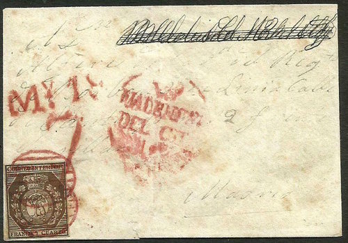 Carta prefilatélica de Valencia a Madrid, embellezida con un sello de 1 cuarto <br />falso con parrillas también falsas en color rojo.