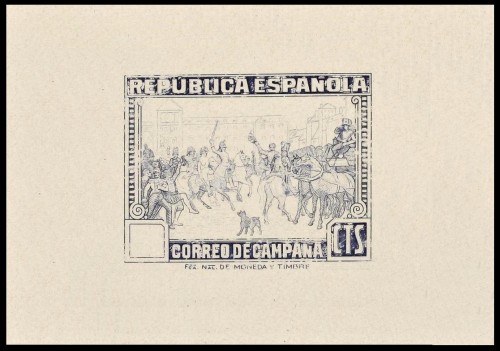 1939. España. Prueba de estado de uno de los sellos del Correo de Campaña, en azul, sin el valor y con el centro sin terminar. Este sello es el No Expendido 49-50, impreso en litografía
