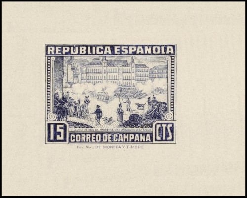 1939. España. Prueba de estado. Proyecto para un sello del Correo de Campaña; 15 cts. azul
