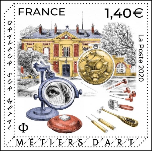 Diseño original de Pierre Bara para el sello del grabado sobre metal perteneciente a la serie Métiers d'art