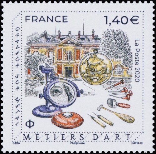 Francia, 2020, Métiers d'art; Grabado sobre metal. Sello diseñado por Pierre Bara y grabado por Elsa Catelin; impresión en calcografía. Imagen procedente de wikitimbres.fr