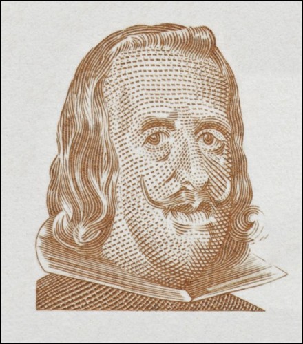 Ampliación del retrato de Felipe IV que Antonino Sánchez grabó en 1990 para uno de los sellos de la serie de los tapices