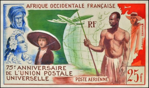Diseño original de Raoul Serres para el sello que, emitido por varias dependencias francesas en 1949, conmemoró el 75 aniversario de la Unión Postal Universal