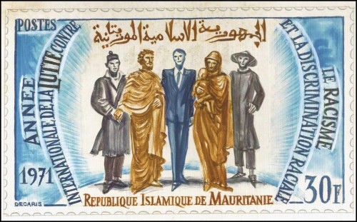 Diseño original y adoptado de Albert Decaris para el sello de Mauritania que en 1971 animaba a luchar contra el racismo