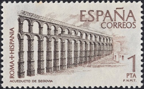 España, 1974, Roma e Hispania. Acueducto de Segovia. Sello grabado por Antonino Sánchez. Calcografía