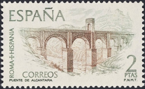 España, 1974, Roma e Hispania. Puente de Alcántara. Sello grabado por Antonino Sánchez. Calcografía