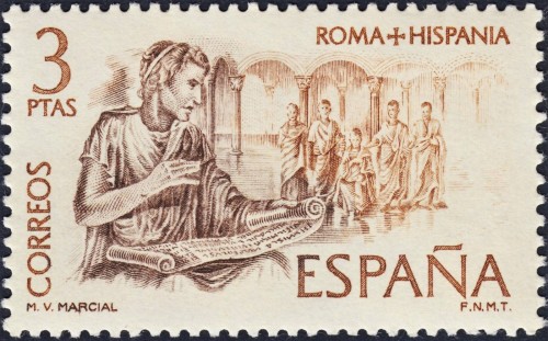 España, 1974, Roma e Hispania. Marco Valerio Marcial. Sello grabado por Antonino Sánchez. Calcografía