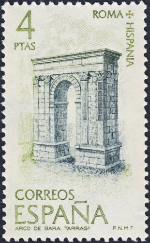 España, 1974, Roma e Hispania. Arco de Bará (Tarragona). Sello grabado por Antonino Sánchez. Calcografía