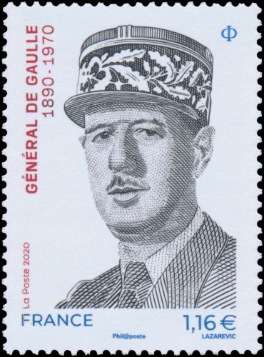 Francia, 2020, General De Gaulle. Sello diseñado y grabado por Sarah Lazarevic; impresión en calcografía. Imagen procedente de wikitimbres.fr