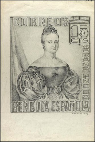 MARIANA PINEDA. Proyecto original (17,8 x 21 cm.) realizado a lápiz con pie de imprenta Sánchez Toda