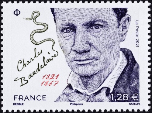 Francia, 2021, Charles Baudelaire. Sello diseñado por Patrick Dérible y grabado por Elsa Catelin; impresión en calcografía