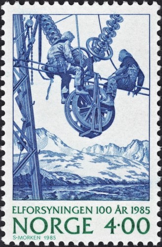 Noruega, 1985, Centenario de la electrificación del país. Sello diseñado y grabado por Sverre Morken. Impresión en calcografía