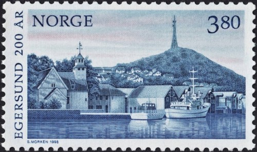 Noruega, 1998, 200 Aniversario de la ciudad de Egersund. Sello diseñado y grabado por Sverre Morken; impresión mixta en calcografía y offset