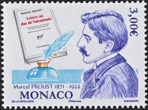 Mónaco, 2021, 150 Aniversario del natalicio de Marcel Proust. Sello diseñado por Cyril de La Patellière y grabado por Pierre Albuisson. Impresión combinada en calcografía y offset