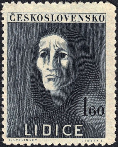 Checoslovaquia, 1947; sello emitido en dos valores en recuerdo de las víctimas de Lidice. Diseño de Karel Svolinský y grabado de Jindra Schmidt; impresión en calcografía