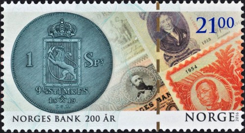 Noruega, 2016; Bicentenario del Banco Nacional de Noruega. Sello diseñado y grabado por Sverre Morken. Impresión combinada en calcografía y offset