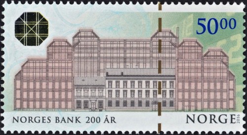 Noruega, 2016; Bicentenario del Banco Nacional de Noruega. Sello diseñado y grabado por Sverre Morken. Impresión combinada en calcografía y offset