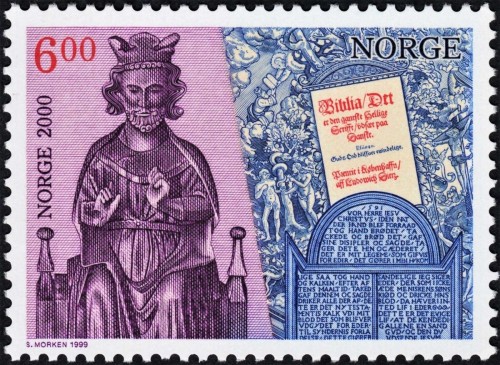 Milenio de Noruega, 1999. Fe católica y discordia protestante en Noruega. Sello diseñado y grabado por Sverre Morken. Impresión combinada en calcografía y offset