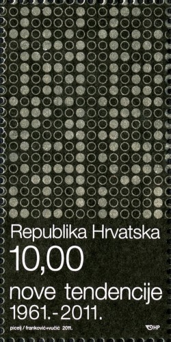 Croacia, 2011; 50 aniversario de la primera exposición en Zagreb de Nuevas Tendencias. Sello diseñado por Orsat Franković, con la colaboración de Ivana Vučić e Ivan Picelj. Impresión en offset. Este sello fue emitido en el centro de una hojita