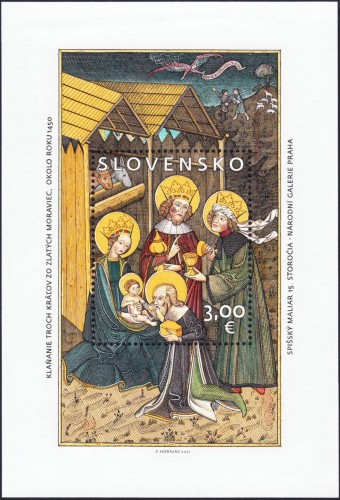 Eslovaquia, 2021. Adoración de los Reyes Magos de Zlatých Moraviec; sobre 1450. Hojita diseñada y grabada por František Horniak. Impresión en calcografía