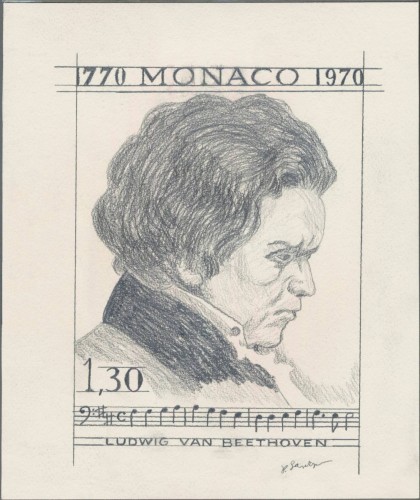 Boceto preliminar de diseño de Pierre Gandon para su gran sello de Beethoven