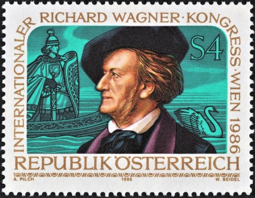Austria, 1986; Richard Wagner. Sello diseñado por Adalbert Pilch y grabado por Wolfgang Seidel. Impresión combinada en huecograbado y calcografía