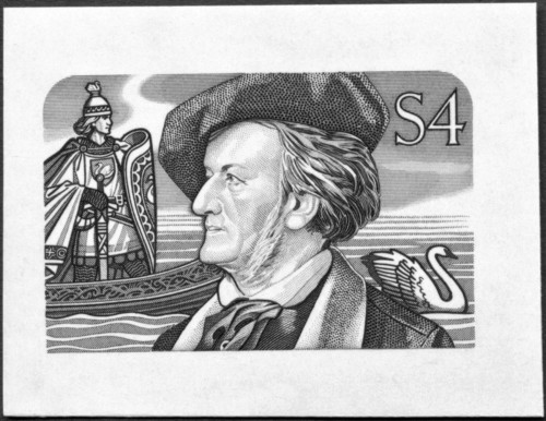 Prueba de impresión de la parte calcográfica del sello (negro), el solo retrato inciso de Wolfgang Seidel