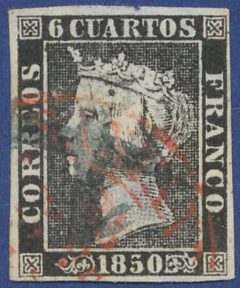 An exceptional 6 cuartos plate I, type 18 canc. twice 1 of Burgos crosswise together with a red canc. of Baeza type, slightly thin. Cert. Graus. NOT EARLIER RECORDED. EXHIBITION RARITY.jpg