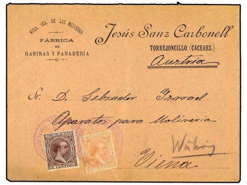 1892. TORREJONCILLO (Cáceres) a VIENA. 10 cts. y 15 cts. Mat. circular ESTACION TELEGRAFICA TORREJONCILLO en violeta. RARÍSIMA.jpg