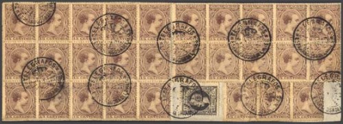 1889. 15 cts, veintiocho sellos y 5 cts, sobre fragmento. Matasello TELEGRAFOS ESPARRAGOSA DE LARES.jpg
