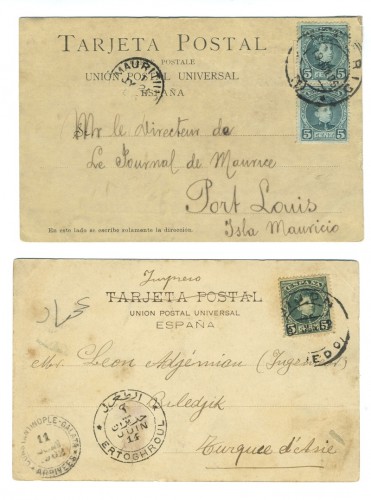 Tarjeta postal de Madrid a Port Louis (Isla Mauricio) con fechador de llegada del 1.7.1906<br /><br />Tarjeta postal como impreso de Gijon a Biledjik en Armenia, en su día parte del imperio otomano, junio de 1902.